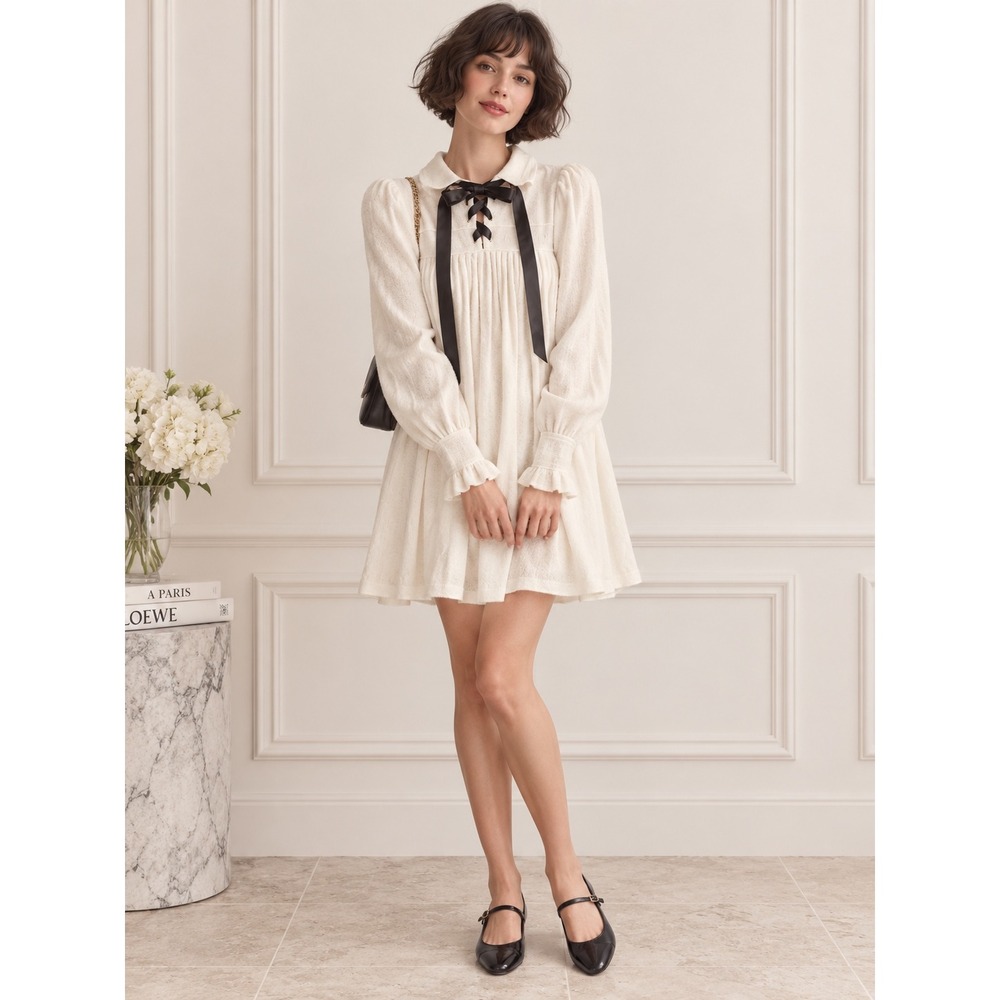 Philosophy di Lorenzo Serafini Knit Mini Dress Cream Lace Up Ribbon Tie size s